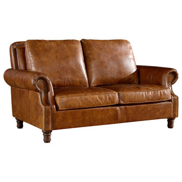 Leather English Rolled Arm Love Seat, Light Brown