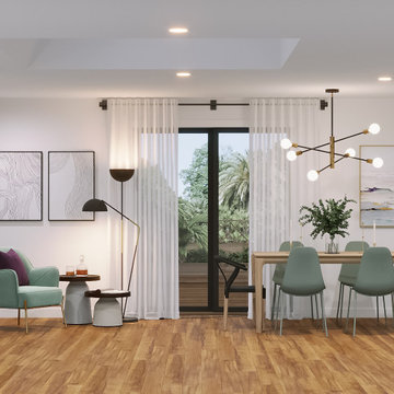 Modern Living Room And Kitchen With Purple and Mint Accents