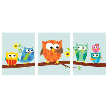 Orange Owls On A Branch Print, 3-Piece Set, 8"