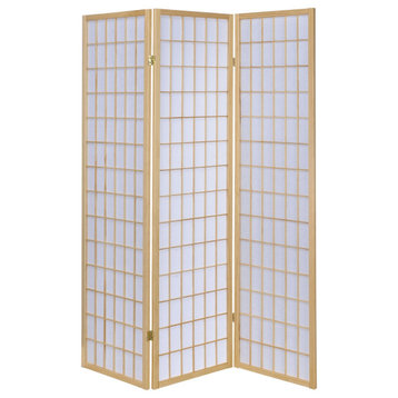 3 Panel Foldable Wooden Frame Room Divider With Grid Design, Brown