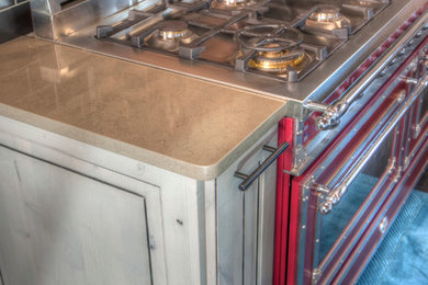 Kitchen - transitional kitchen idea in St Louis with gray cabinets, quartz countertops, black backsplash, subway tile backsplash and colored appliances