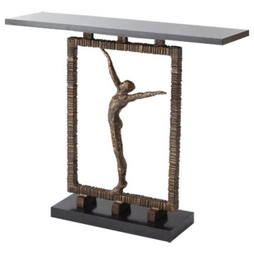 Man Reach Sculpture Console Table, Figural Art Open Granite Textured