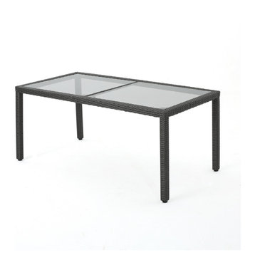 GDF Studio San Simeon Outdoor Wicker Rectangular Dining Table With Glass Top, Gray