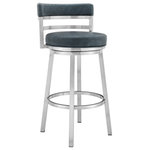 Armen Living - Titana 26" Counter Height Swivel Blue Faux Leather and Stainless Steel Bar Stool, 30 - Style and function come together in harmony with the Titana 30" Bar Height Swivel Blue Faux Leather and Brushed Stainless Steel Bar Stool from Armen Living. Its armless design makes this the perfect addition to any home or apartment as it allows you to pull the kitchen stool as close as needed to your kitchen island, peninsula counter, or home bar. The Titana frees you of any visual constriction with the 360-degree swivel motion, helping to keep you engaged with your friends at family at gatherings. The upholstered low back is rounded, providing the user with exceptional ergonomic support. The Titana�s padded bar seat and back are constructed from high-density foam and wrapped in soft faux leather upholstery that will keep you comfortably seated for hours on end. The strong metal frame that�s further accented by the inclusion of a round footrest. The Titana's legs are tipped with floor protectors, assuring that the bar stool will not slip on or scratch hardwood or tile floors, ensuring a durable bar or counter stool that will last for many years to come. The Titana bar or counter stool is available in 26� or 30� seat height and comes in a brushed stainless steel finish with black, grey, white, blue, green, or red faux leather upholstery; a mineral finish with bandero tobacco or ford black faux leather upholstery, an auburn bay finish with brown faux leather upholstery, or a black finish with ford black faux leather upholstery.