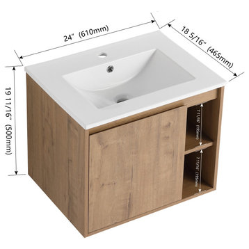 BNK Single Sink Bathroom Vanity with Soft Close Door and 2 Right Side Shelves, Imitative Oak-X, 24 Inch
