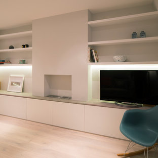 Ispirazione per un piccolo soggiorno nordico aperto con pareti bianche, parquet chiaro, cornice del camino in cemento e TV autoportante