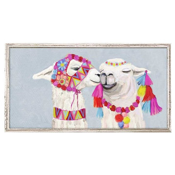 "Llama Pair With Poms - Soft Blue" Mini Framed Canvas by Cathy Walters