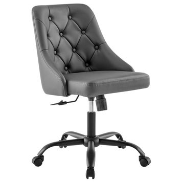 Distinct Tufted Swivel Vegan Leather Office Chair, Black Gray