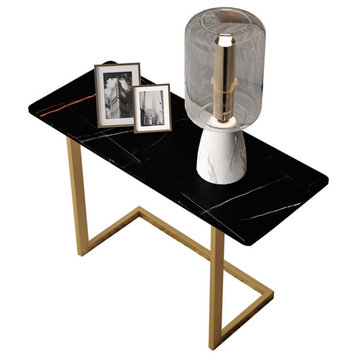 Black End Table With Stone Tabletop Rectangular Side Table