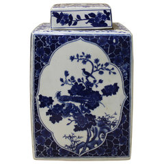 Chinese Blue White Square Porcelain Flowers Accent Jar cs2451S Chinese Blue White Square Porcelain Flowers Accent Jar cs2451S