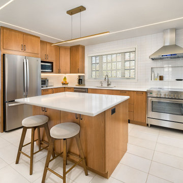 Modern Scandinavian Kitchen Remodel | Natural Wood Cabinets, White Quartz Isla
