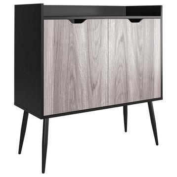 Retro Modern Storage Cabinet, Angled Legs & Doors With Cut Out Pulls, Black Oak