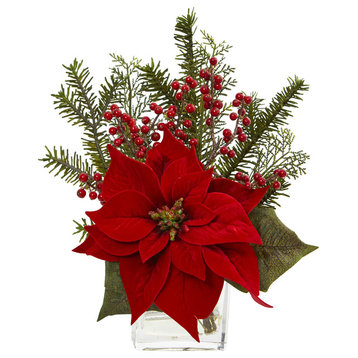 Poinsettia, Pine and Berries, Vase Artificial Arrangement
