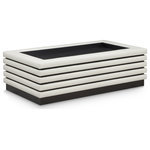Meridian Furniture - Rory Black Faux Leather Coffee Table, Cream, Rectangular, Black Finish - Put emphasis on style when you add this Rory coffee table to your current setup. This handsome table features a stacked look with soft cream vegan leather accents against a black finish oak veneer. The look of leather and oak forms an exciting contrast that's not lost on guests or others. A lip across the top of the table keeps things from sliding off, and its retangle shape makes it ideal for adding alongside a corner sectional or other large seating group.