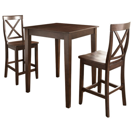 3-Piece Pub Dining Set, Tapered Leg -x- Back Stools, Mahogany