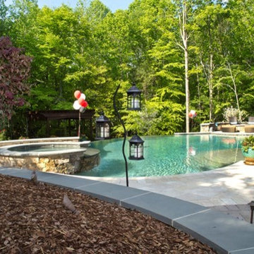 Outdoor living area including salt water pool, hot tub, and fire pit.