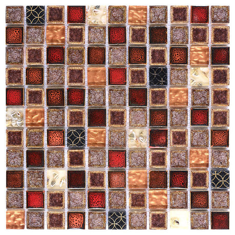 Red Beige Glass Ceramic Backsplash Tile, 12"x12"