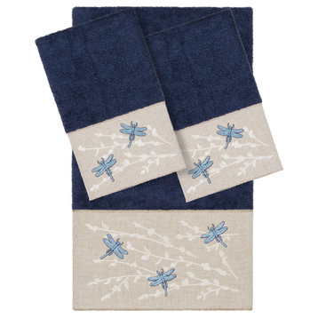 Linum Home Textiles Turkish Cotton Braelyn 3-Piece Embellished Towel Set, Navy