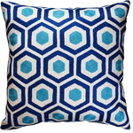 Kashmir Designs - Contemporary Honeycomb Navy Turquoise Throw Pillow Cover Handmade Wool 18x18" - This modern seamless wave design suzani pillow cover has unique design elements embroidered in unique style and refreshing lively color combination. The decorative pillow cover forms a perfect balance in color and design and would make an enticing modern accent pillow for your home. Whether this modern elements floral suzani pillow is used in garden, patio, or in a room, on a sofa, chair or chaise, this all natural fiber would making an enticing pillow cover. Hand embroidered in soft wool in chain stitch on cotton base, this natural pillow cover is soft, practical and durable.