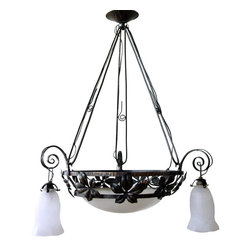 French Art Deco Wrought Iron and Mulaty Art Glass Three-Light Chandelier - Pendant Lighting