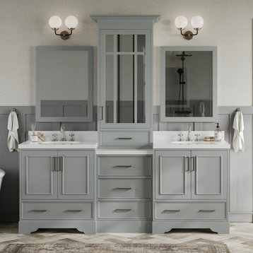 ARIEL Stafford 85" Double Sink Bathroom Vanity, Gray White Quartz Top