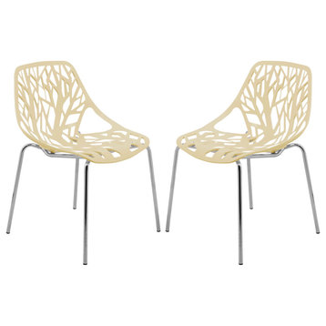 Leisuremod Asbury Plastic Dining Chair With Chromed Legs, Set of 2, Cream
