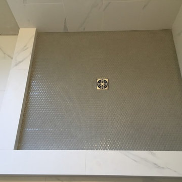 MASTER BATHROOM - Porcelain White Marble Tile, Gray Hexagon Shower Floor