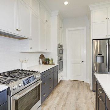 Blue, White & Brass Open Concept Kitchen Staging