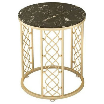 Marble Wrought Round Small Coffee Table, Gold-Black, Dia15.7", 1 Layer