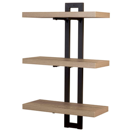 Jamestown 3 Tier Wall Shelf, Single-Hole Mount Ashwood Rustic, Black Metal