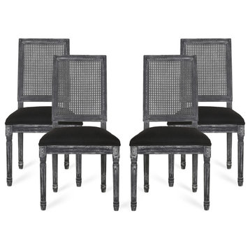 Brownell French Country Wood and Cane Upholstered Dining Chair (Set of 4), Black/Gray