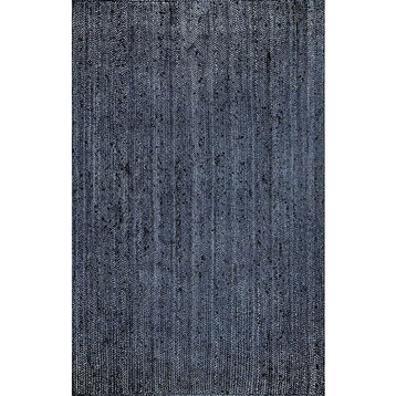 Farmhouse Square Area Rug, Hand Woven Braided Navy Natural Fibers, 6' X 6'