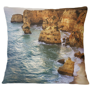 Golden Rocks and Beach at Algarve Seashore Throw Pillow, 16"x16"