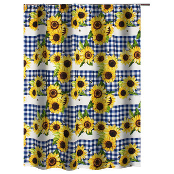 Oslo 72 Inch Shower Curtain Yellow Sunflower Plaid Print Button Holes - Saltoro