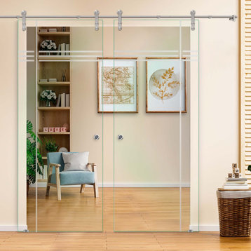Double Sliding Glass Barn  Door with Frosted Design V1000, Non-Private, 2x34"x84" (64"x84")