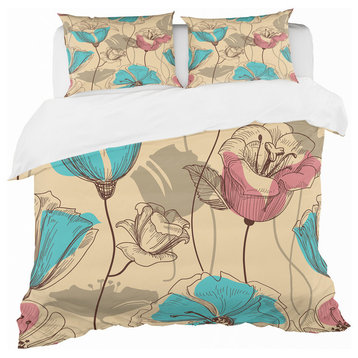 Retro Drawing Flowers in Pink and Blue Floral Duvet Cover, Twin
