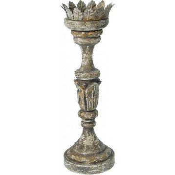 Candleholder Candlestick Brown Distressed Gray Gold Accents Wood