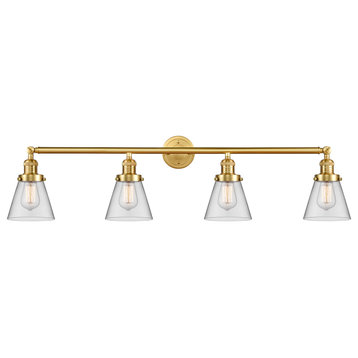 Small Cone 4 Light Bath Vanity Light, Satin Gold, Clear, Clear