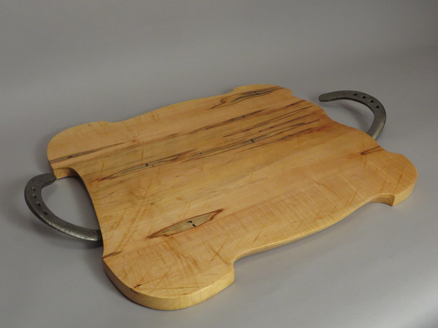#15040 Hand-Carved Serving Tray. Reclaimed Ambrosia Maple. Draft Horse Shoe Hand