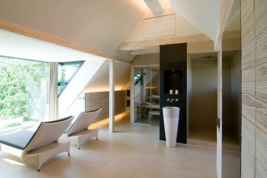 Photo of an expansive contemporary bathroom in Dresden with a pedestal sink, concrete benchtops, with a sauna, a curbless shower and white walls.