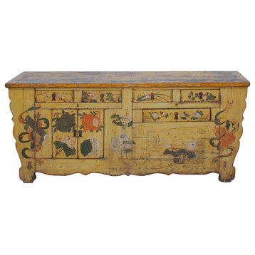 Chinese Distressed Yellow Oriental Flower Graphic TV Console Cabinet Hcs4539