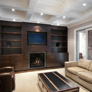 Photo of a medium sized contemporary enclosed home cinema in Toronto with grey walls, dark hardwood flooring and a built-in media unit.