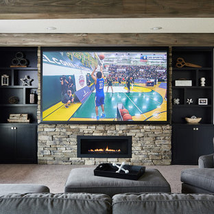 Medium sized traditional walk-out basement in Minneapolis with grey walls, carpet, a stone fireplace surround, grey floors and a ribbon fireplace.