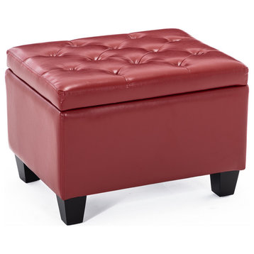 BELLEZE Modern Tufted Storage Ottoman Lift Top Rectangle Footstool, Red