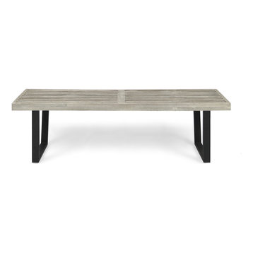 Joa Patio Contemporary Acacia Wood Dining Bench With Iron Legs, Brushed Light Gr