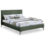 Meridian Furniture - Gallo Vegan Leather Upholstered Bed, Green, Queen - Indulge in the comfort and luxury of the Gallo Vegan Leather Queen Bed, and transform your bedroom into a haven of relaxation. This exquisite piece boasts a luscious premium soft green vegan leather exterior that exudes elegance and sophistication. Its water-resistant and anti-scratch properties ensure durability and long-lasting beauty. The deep channel tufting adds depth and texture to the overall design, while the sleek black metal legs elevate its character and charm to new heights.