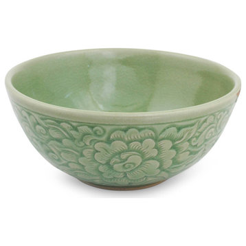 NOVICA Green Peony And Celadon Ceramic Bowl