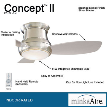 Minka Aire Concept II LED Flush Mount Ceiling Fan With Remote Control, Brushed Nickel, 44"