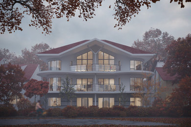 Стильный дизайн: огромный, трехэтажный дом в современном стиле с облицовкой из цементной штукатурки - последний тренд