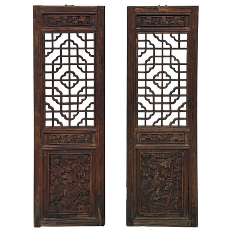 Pair Chinese Vintage Restored Wood Brown Flower Carving Wall Hanging Art Hws3648